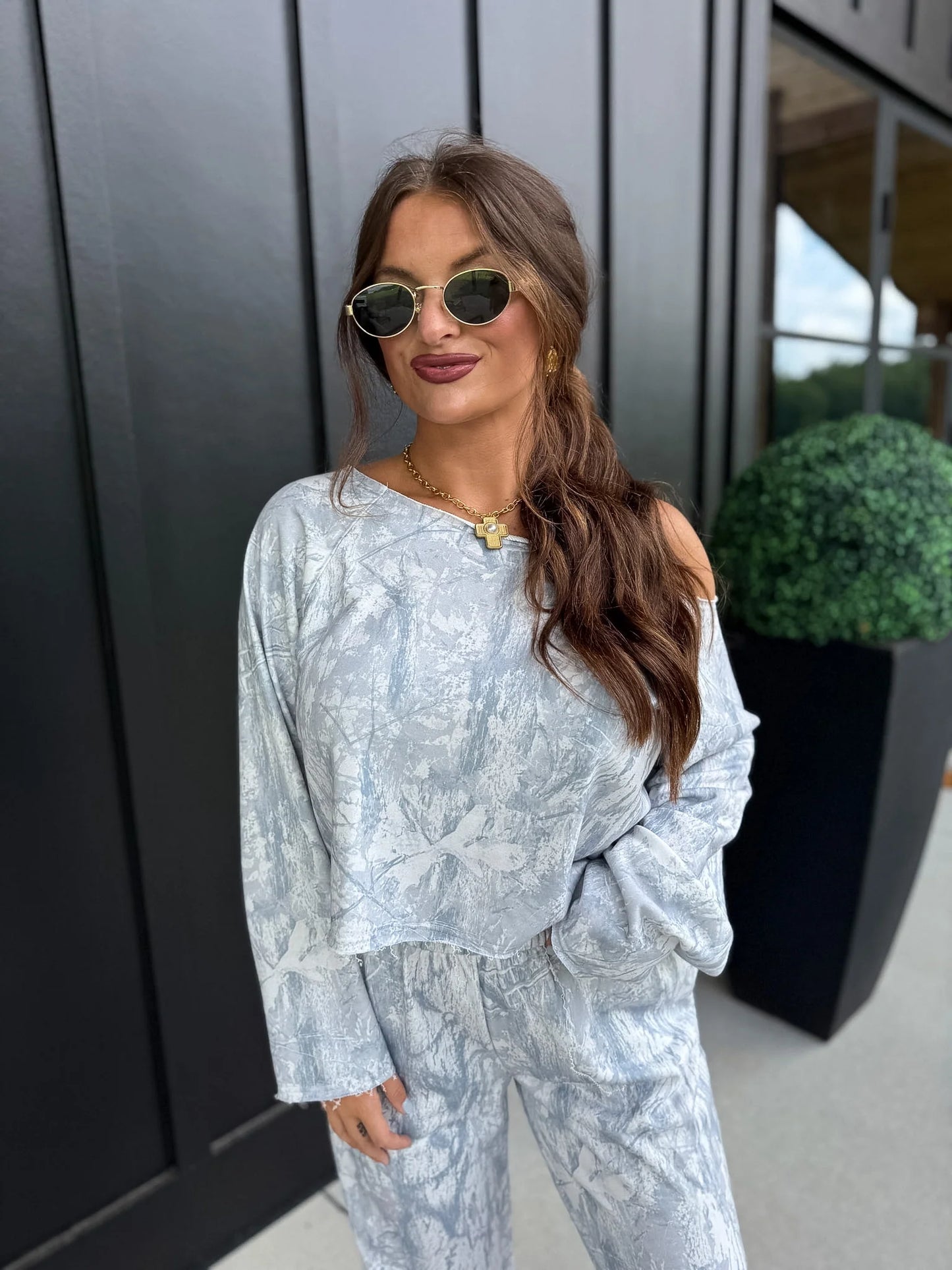 PREORDER Birdie Free Flow Off Shoulder Top in Silver Skies Camo