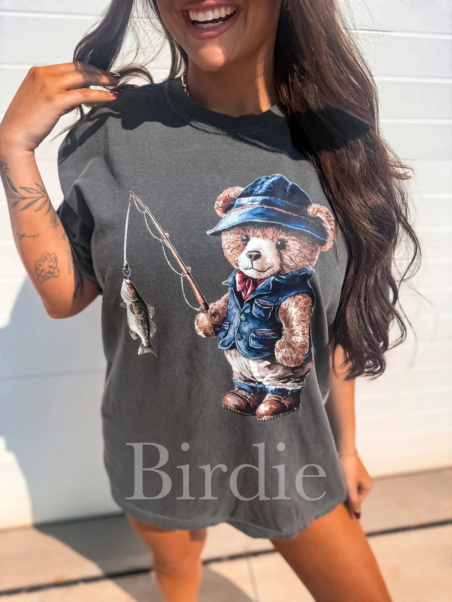Teddy Bear Fishing Graphic Tee on Pepper