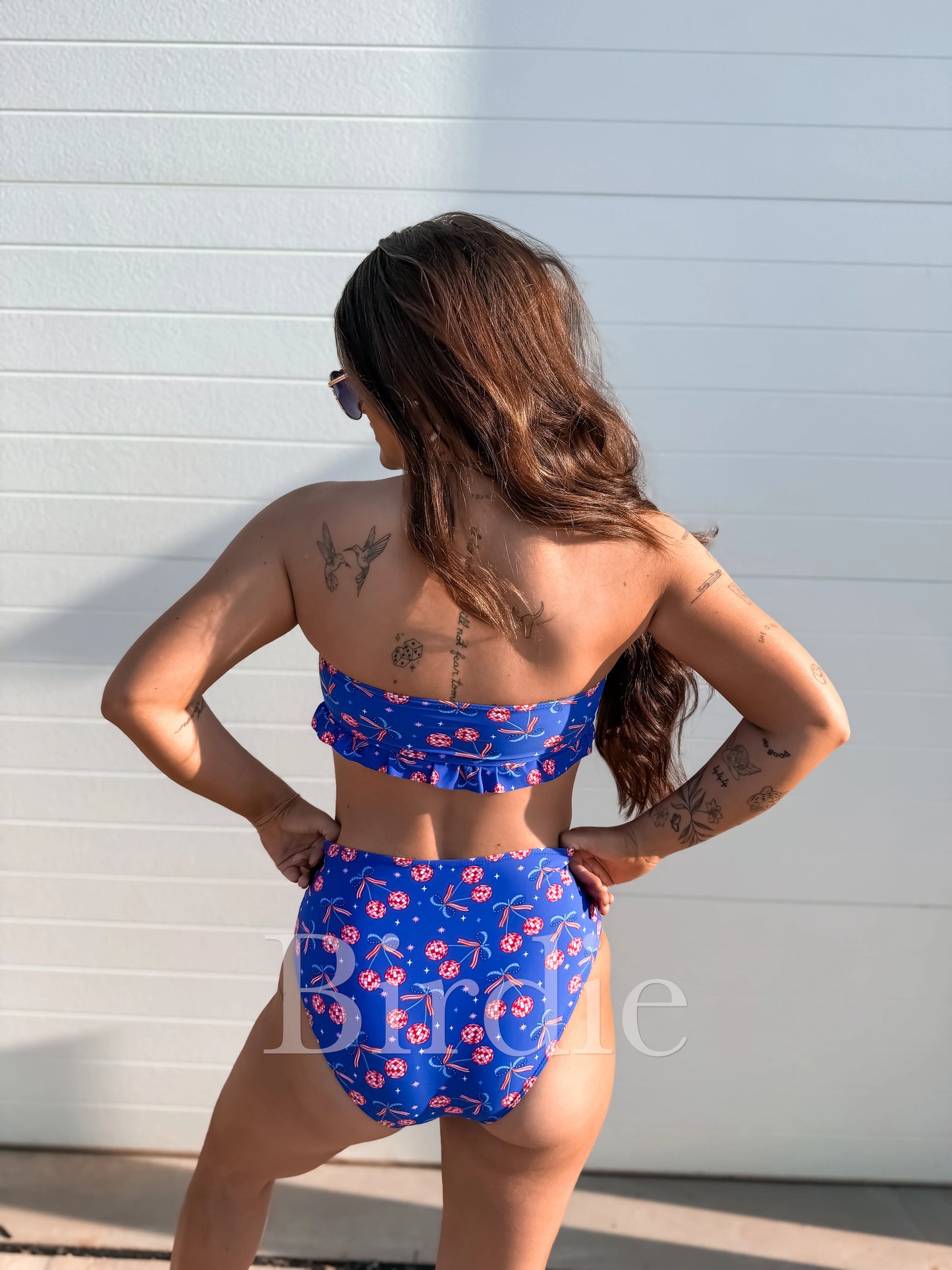 PREORDER Birdie Two Piece Ruffle Strapless Swimsuit in Cherry Firecracker (Sold as Set)