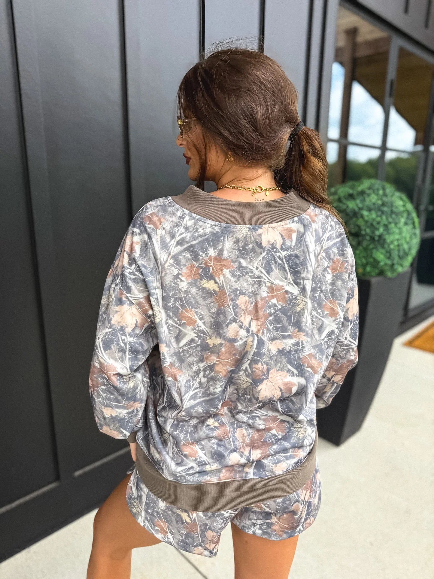 PREORDER Birdie V Neck Oversized Sweatshirt in Timber Haze Camo