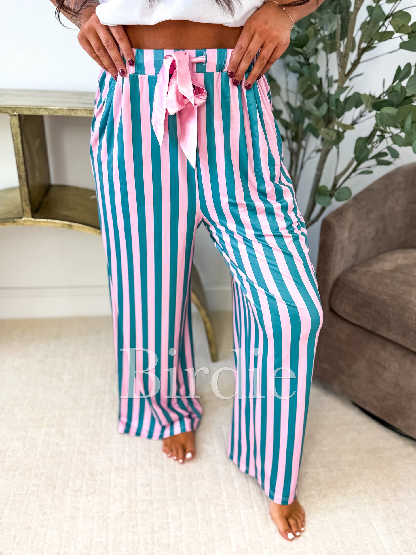 PREORDER Birdie Stretchy Lounge Pants in Green and Pink Stripe