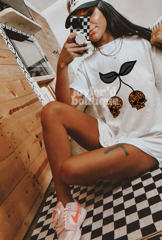 🍒💀 Leopard Skull Cherries Tee/ Crew