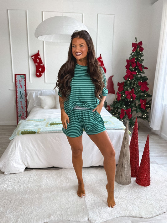 PREORDER Birdie Tee Boxer Short Set in Fir Real Stripe (Sold as Set)