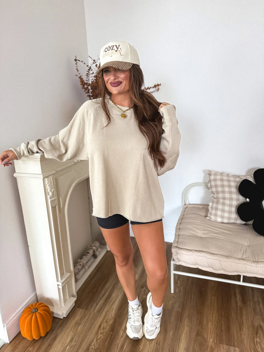 PREORDER Birdie Ash Wash Raw Hem Cozy Pullover in Oatmilk