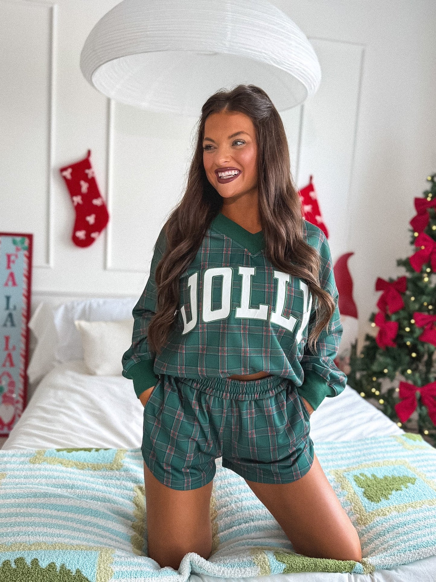 PREORDER Birdie V Neck Jolly Oversized Sweatshirt in Pinecrest Plaid