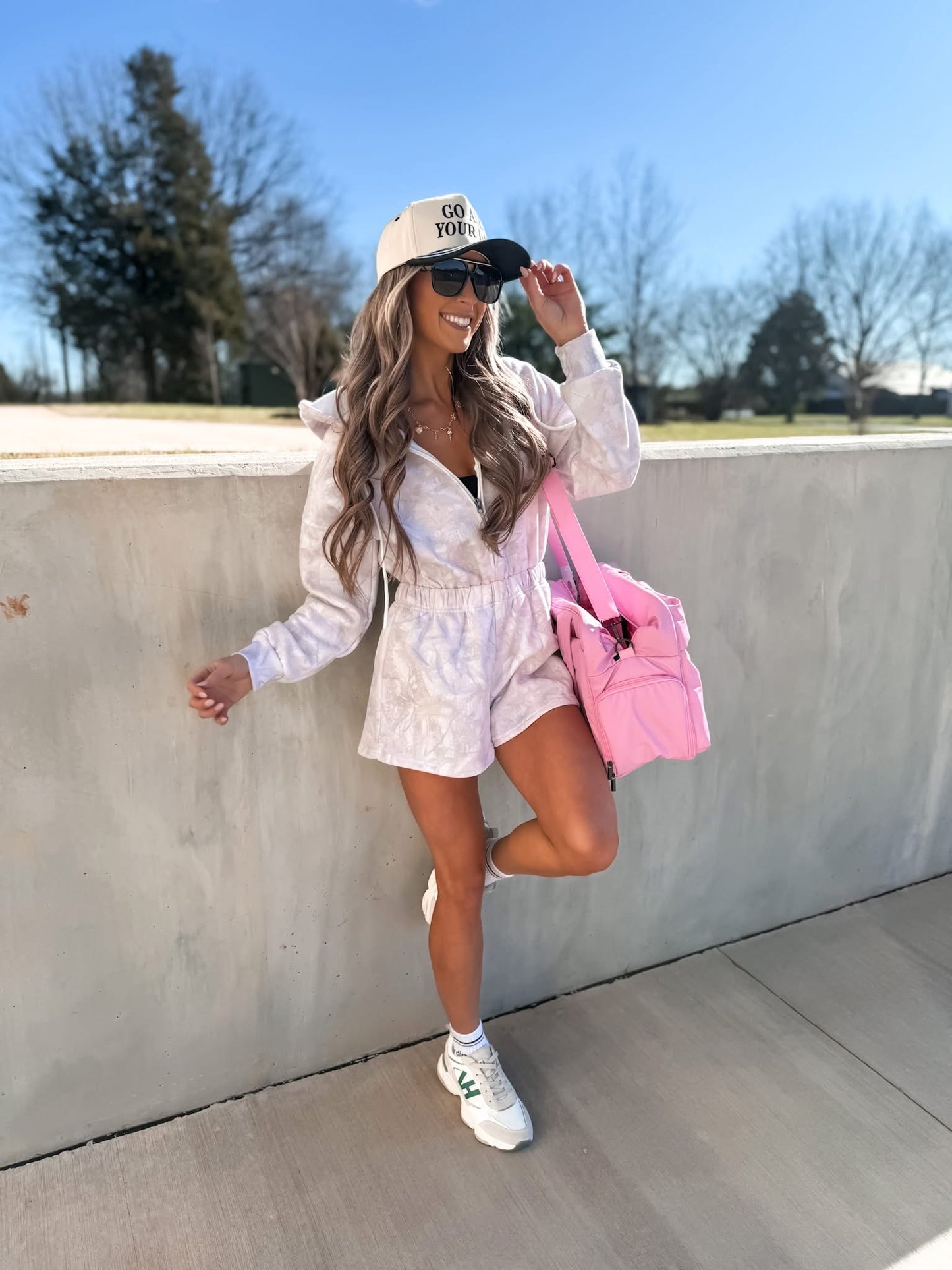 Birdie Long Sleeve Hooded Romper In Cream Camo