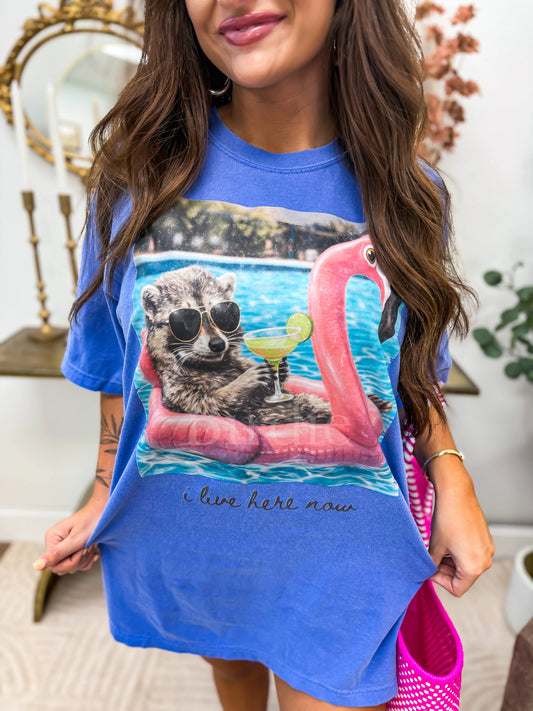 Live Here Now Raccoon & Flamingo Graphic Tee on Flo Blue