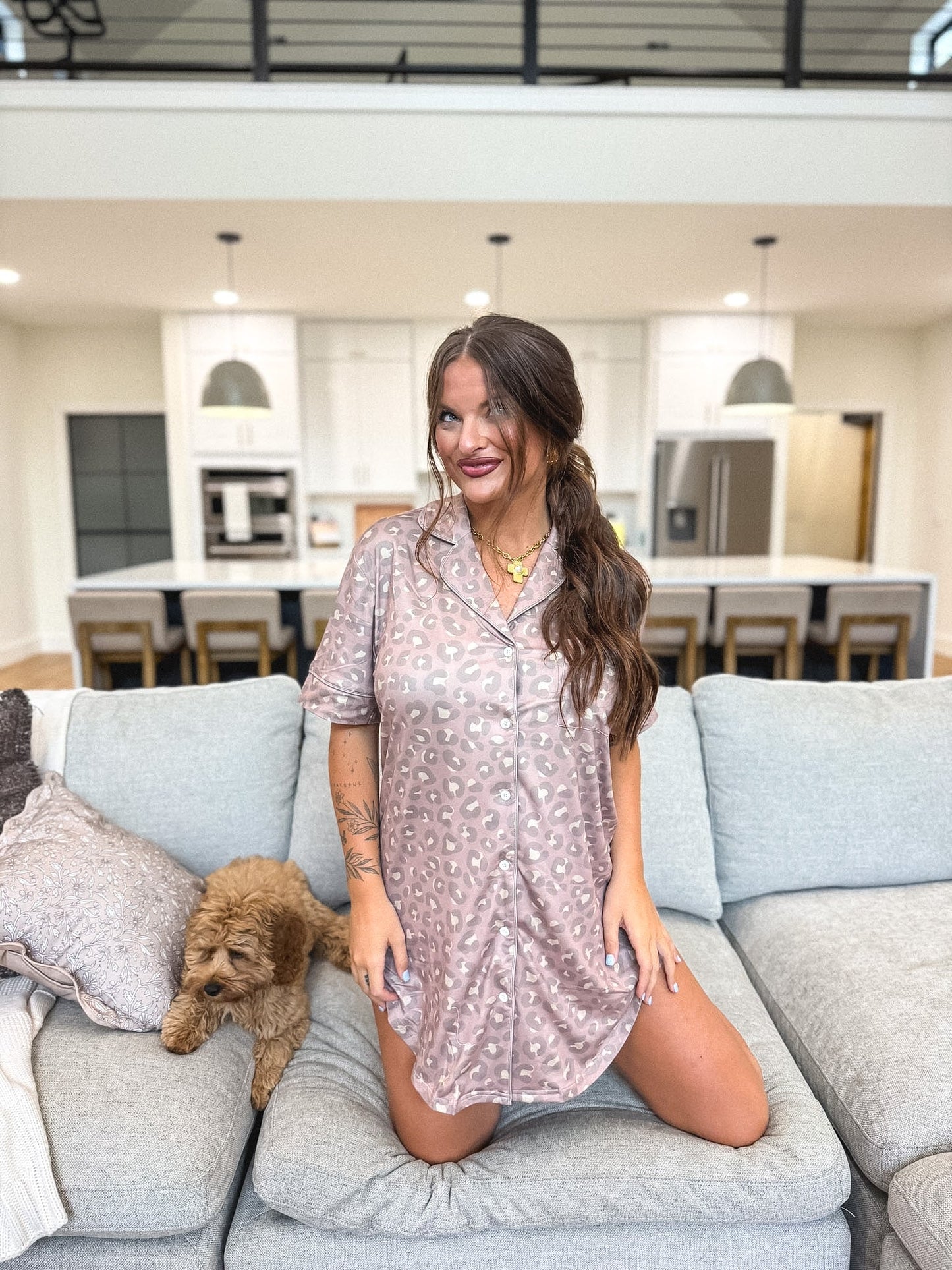PREORDER Birdie Tee Sleep Dress in Toasted Toffee Leopard