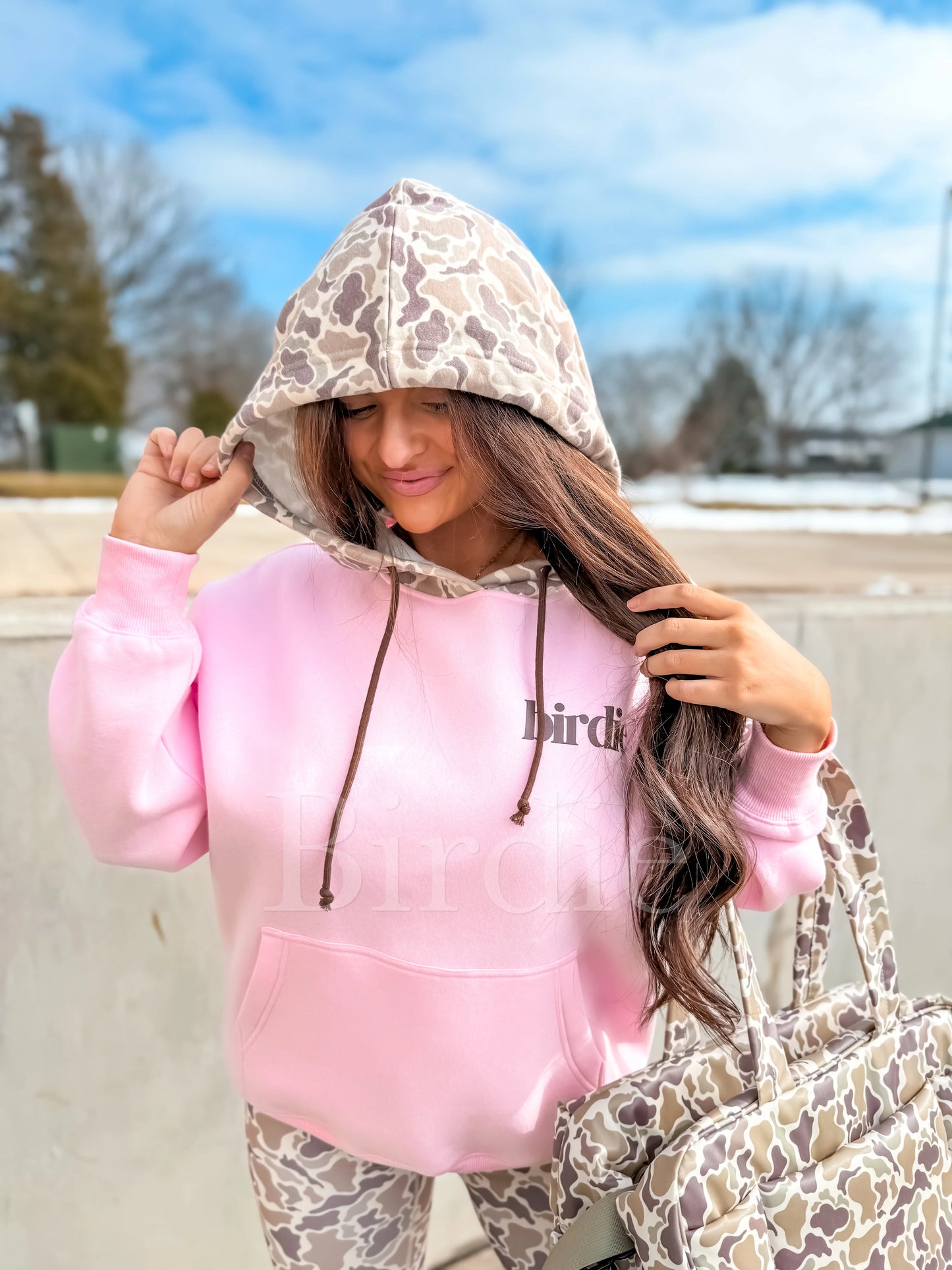 Birdie HAPPY Hoodie in Blush Pink and Duck Camo