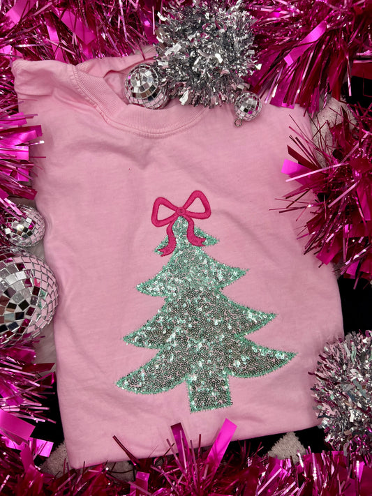 PREORDER Sequin Tree— Pink Theme Embroidered/ Appliqué Tee/ Crew