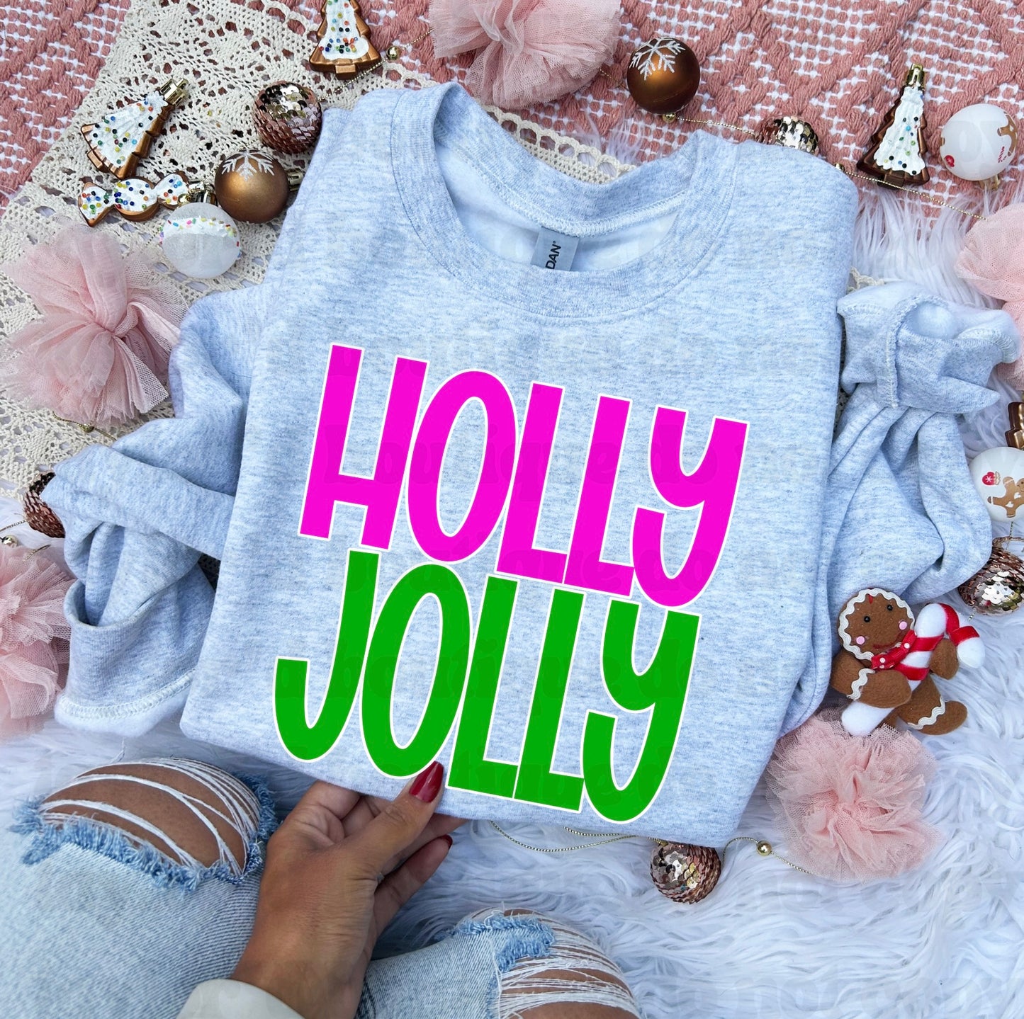 Pink & Green Holly Jolly Crew/ Tee