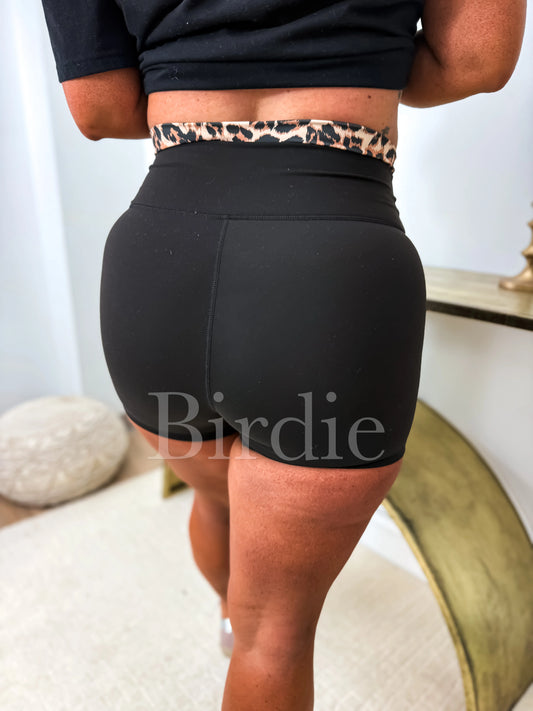 PREORDER Birdie Black Biker Shorts with Leopard