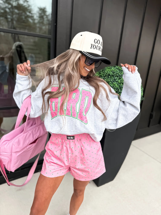 PREORDER Birdie Boxer Shorts in Pink with Green Hearts