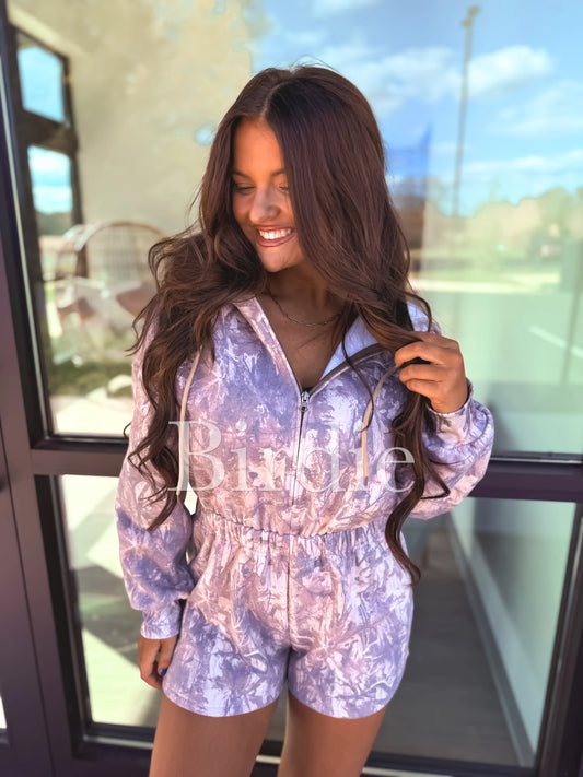 Birdie Long Sleeve Hooded Romper In Dark Camo