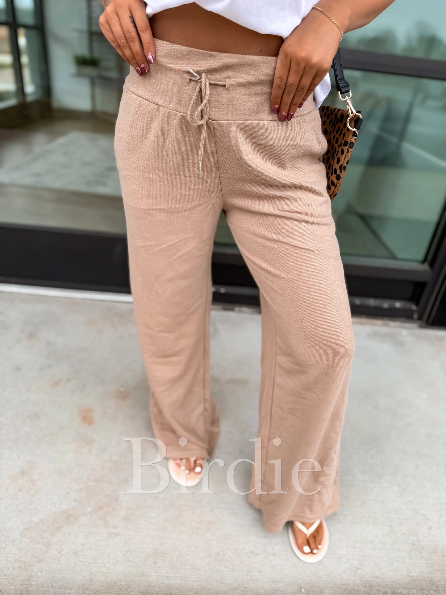 Birdie Ribbed Wide Band Leg Pants in Toasted Almond