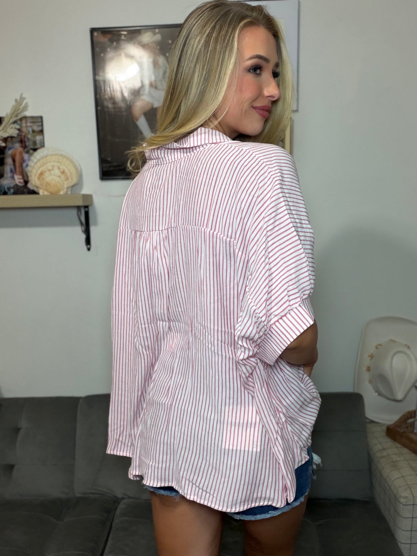 The Sutton Woven Stripe Boxy Top in Red