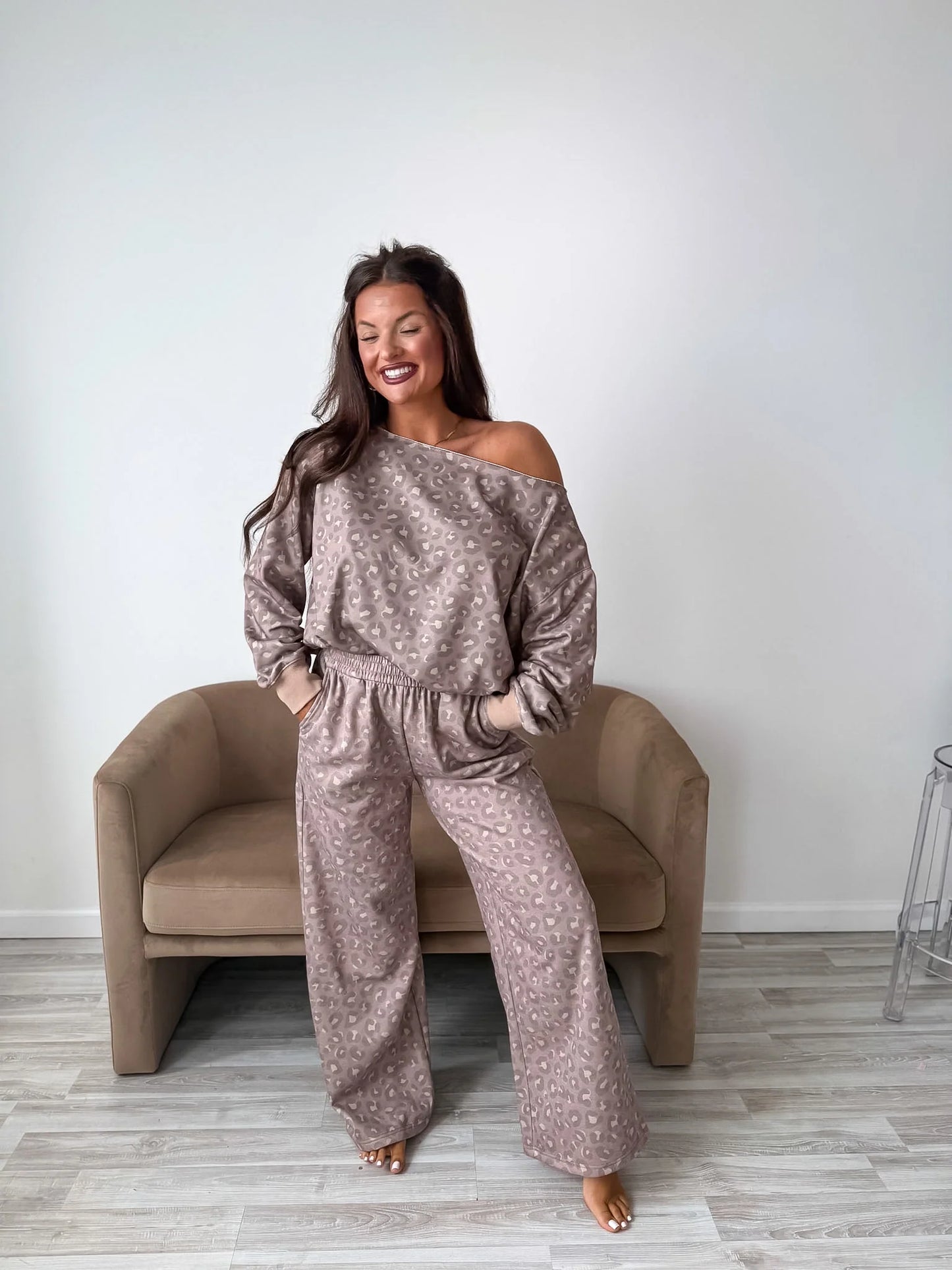 PREORDER Birdie Off Shoulder Slouchy Pullover in Toasted Toffee Leopard