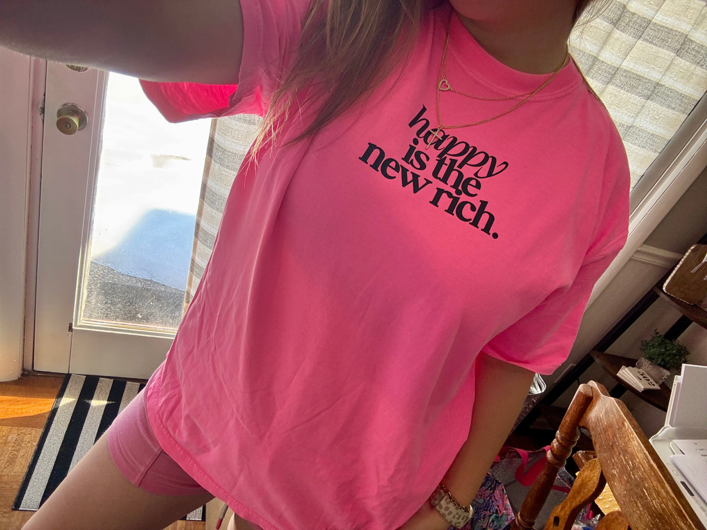 Happy Is The New Rich Graphic Tee on Neon Pink