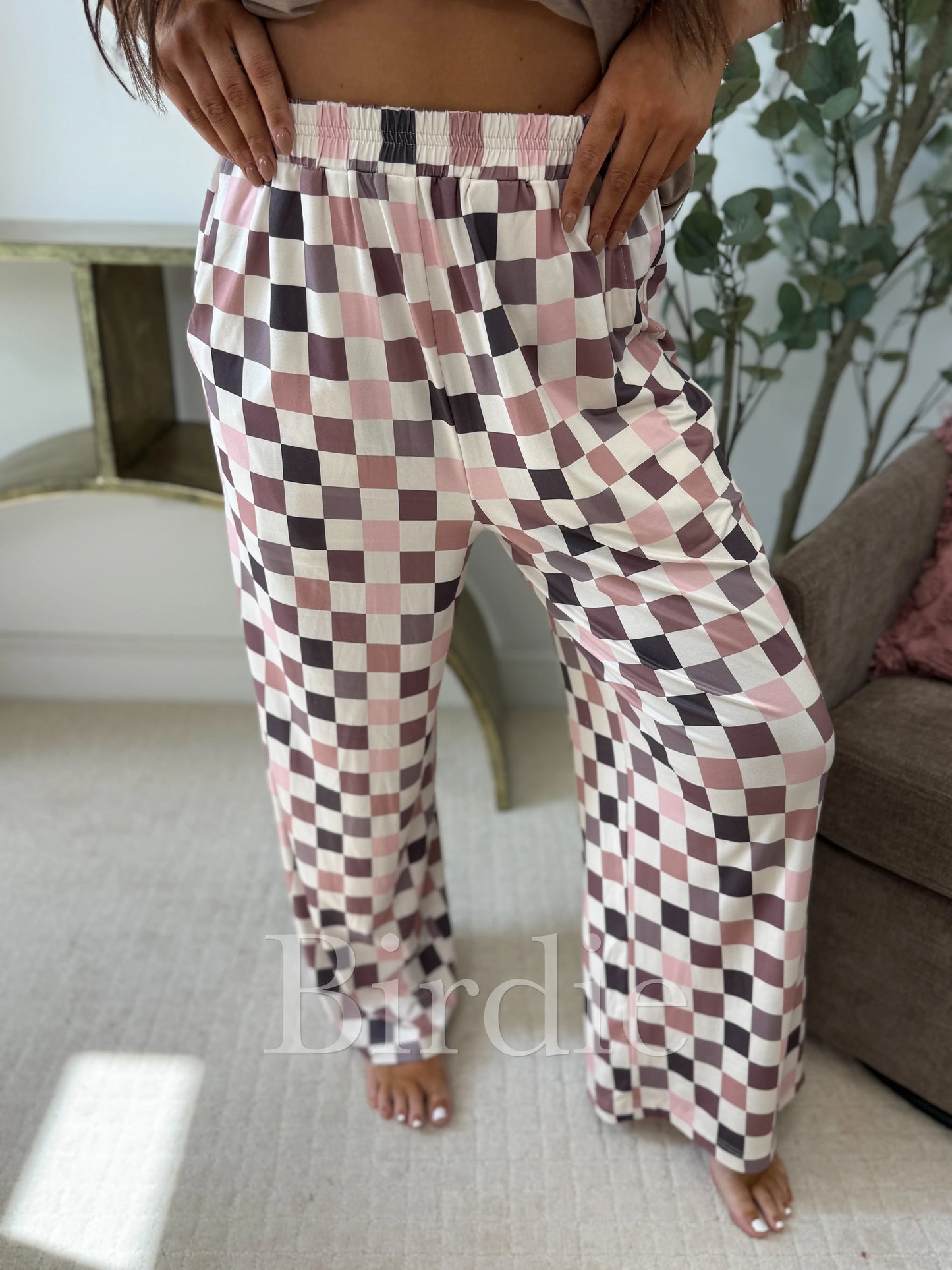 PREORDER Birdie Flowy Wide-Leg Pants in Mulled Berry Checkered