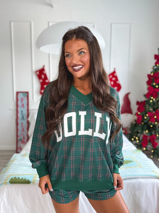 PREORDER Birdie V Neck Jolly Oversized Sweatshirt in Pinecrest Plaid