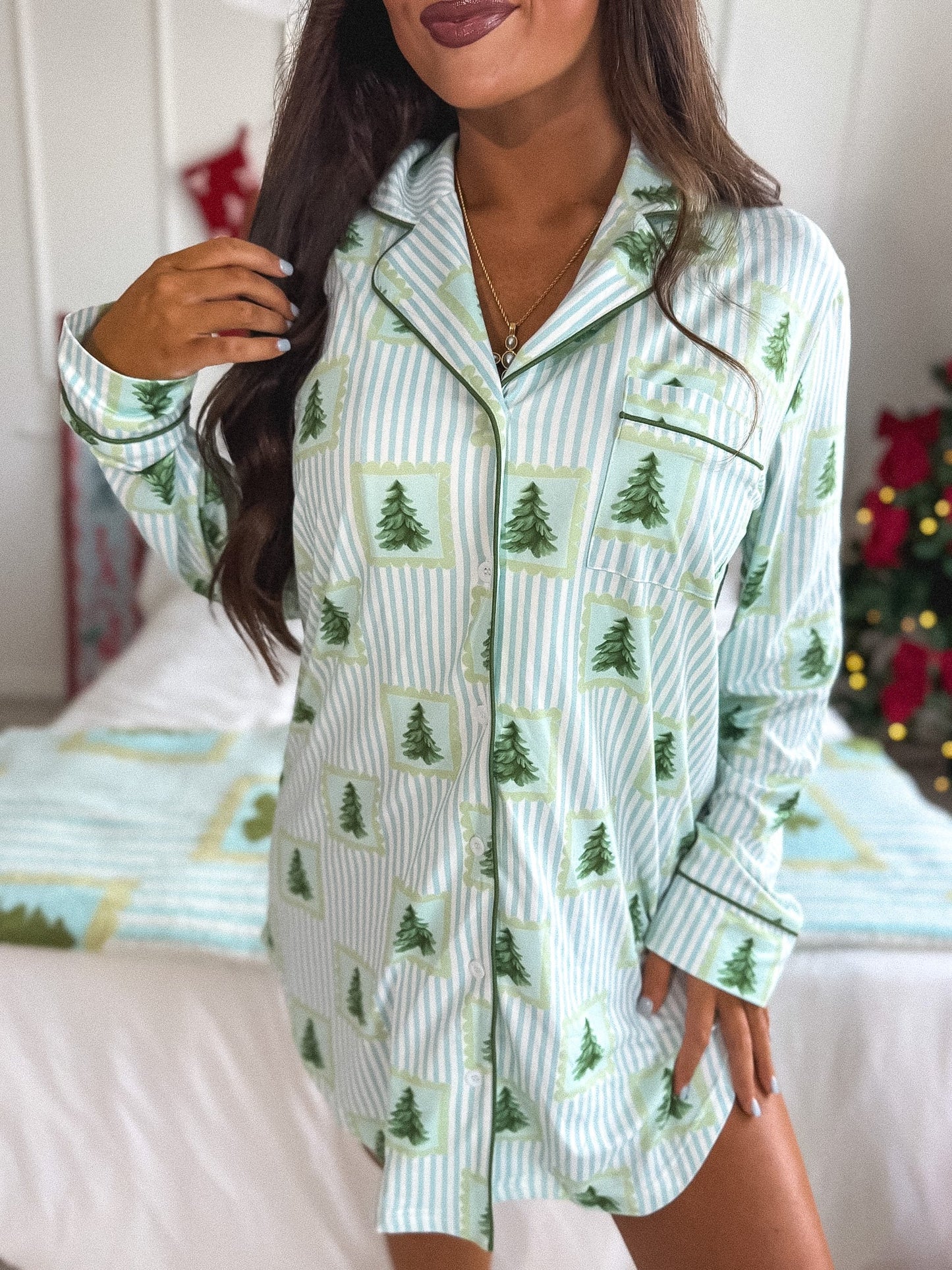 PREORDER Birdie Long Sleeve Sleep Dress in O Christmas Tree