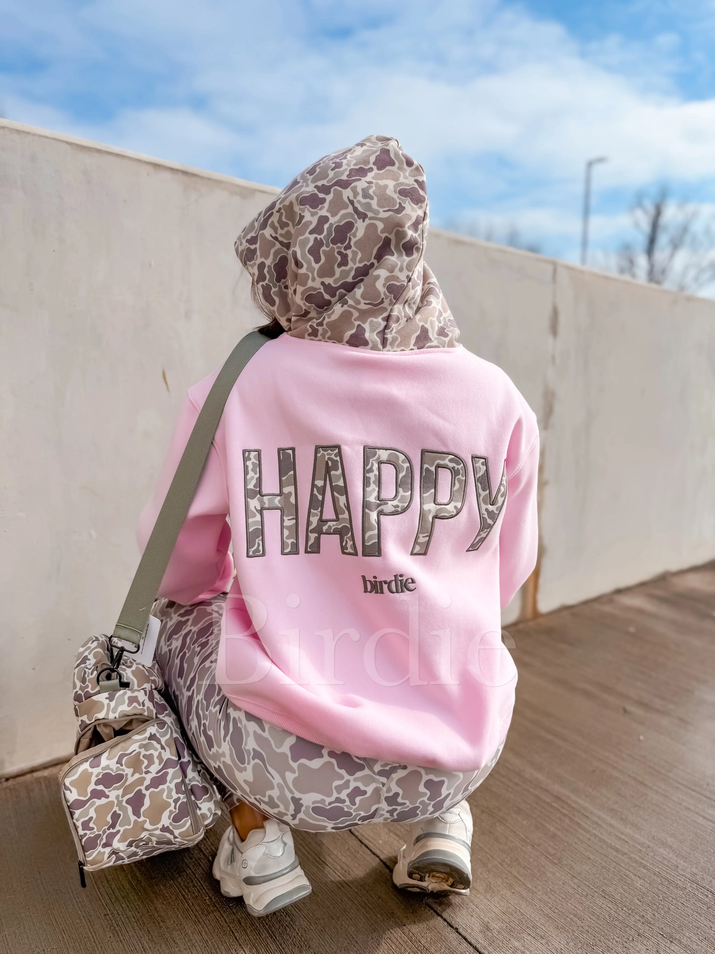 Birdie HAPPY Hoodie in Blush Pink and Duck Camo
