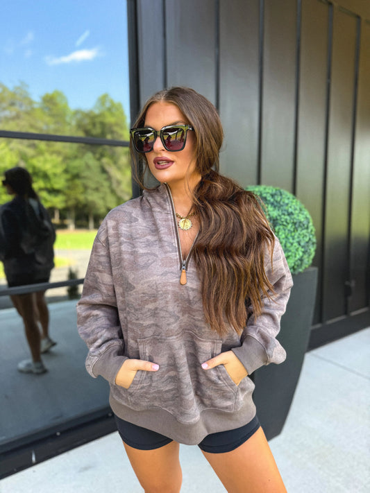 PREORDER Birdie Comfort Weight Quarter Zip Pullover in Smoked Oak Camo