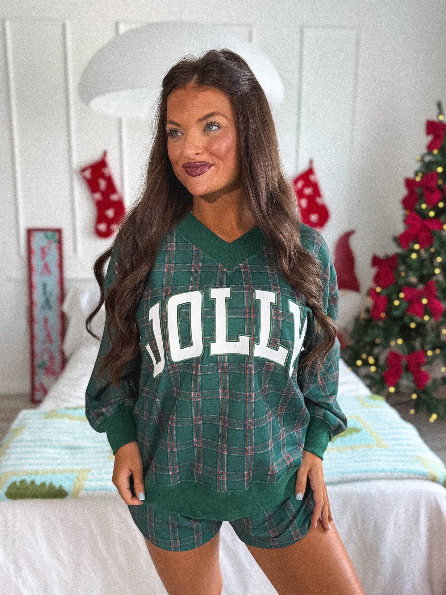 PREORDER Birdie V Neck Jolly Oversized Sweatshirt in Pinecrest Plaid
