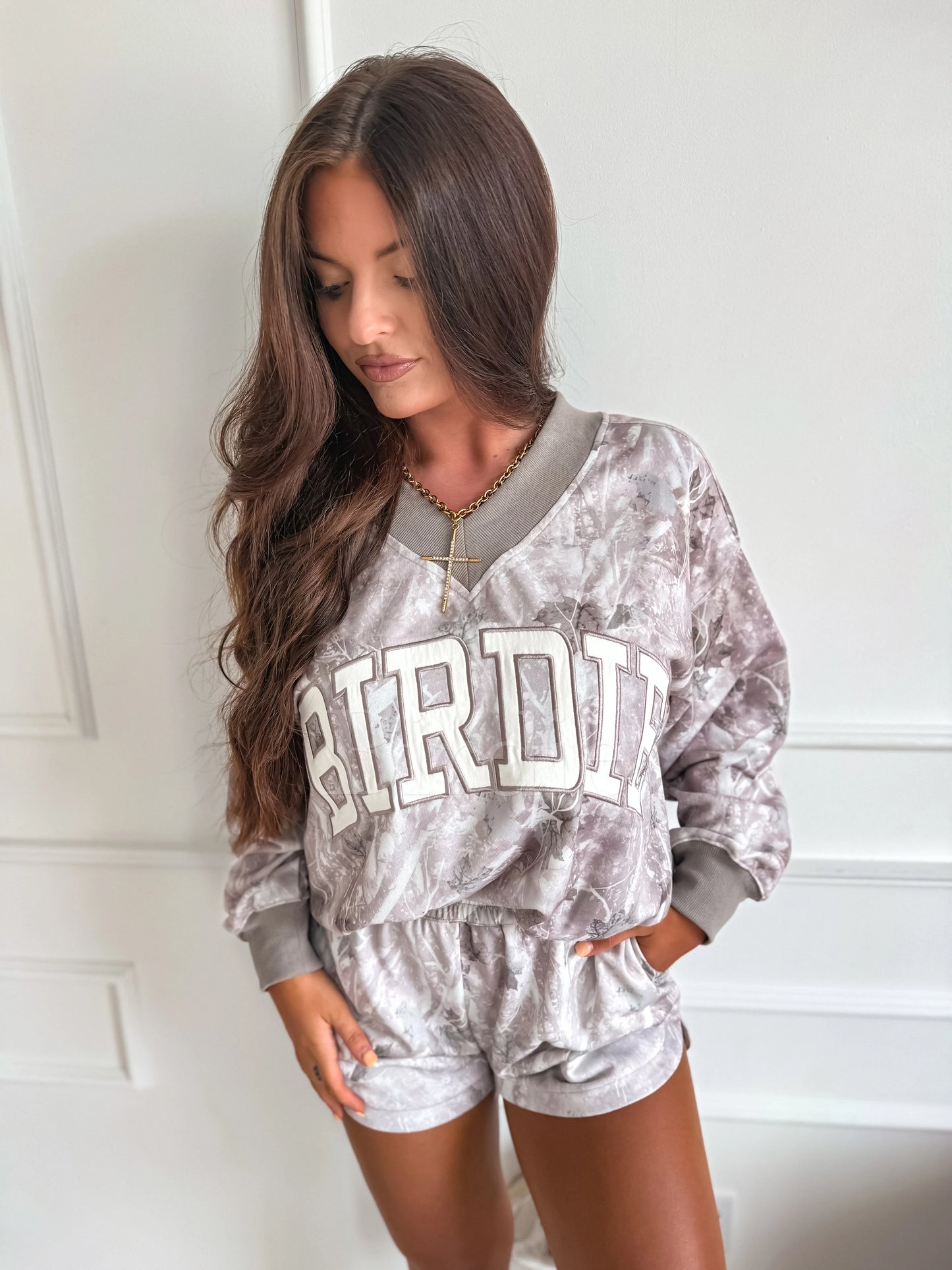 PREORDER Birdie V Neck Oversized Sweatshirt in Ashwood Camo