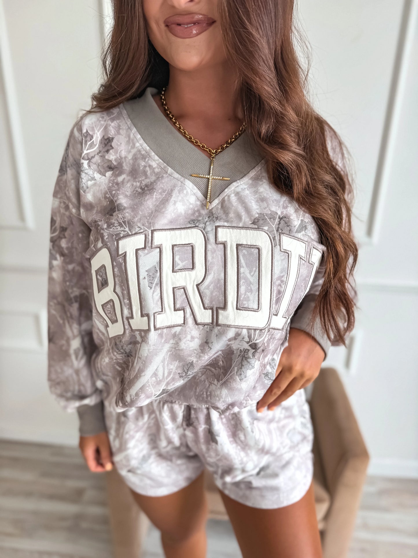 PREORDER Birdie V Neck Oversized Sweatshirt in Ashwood Camo