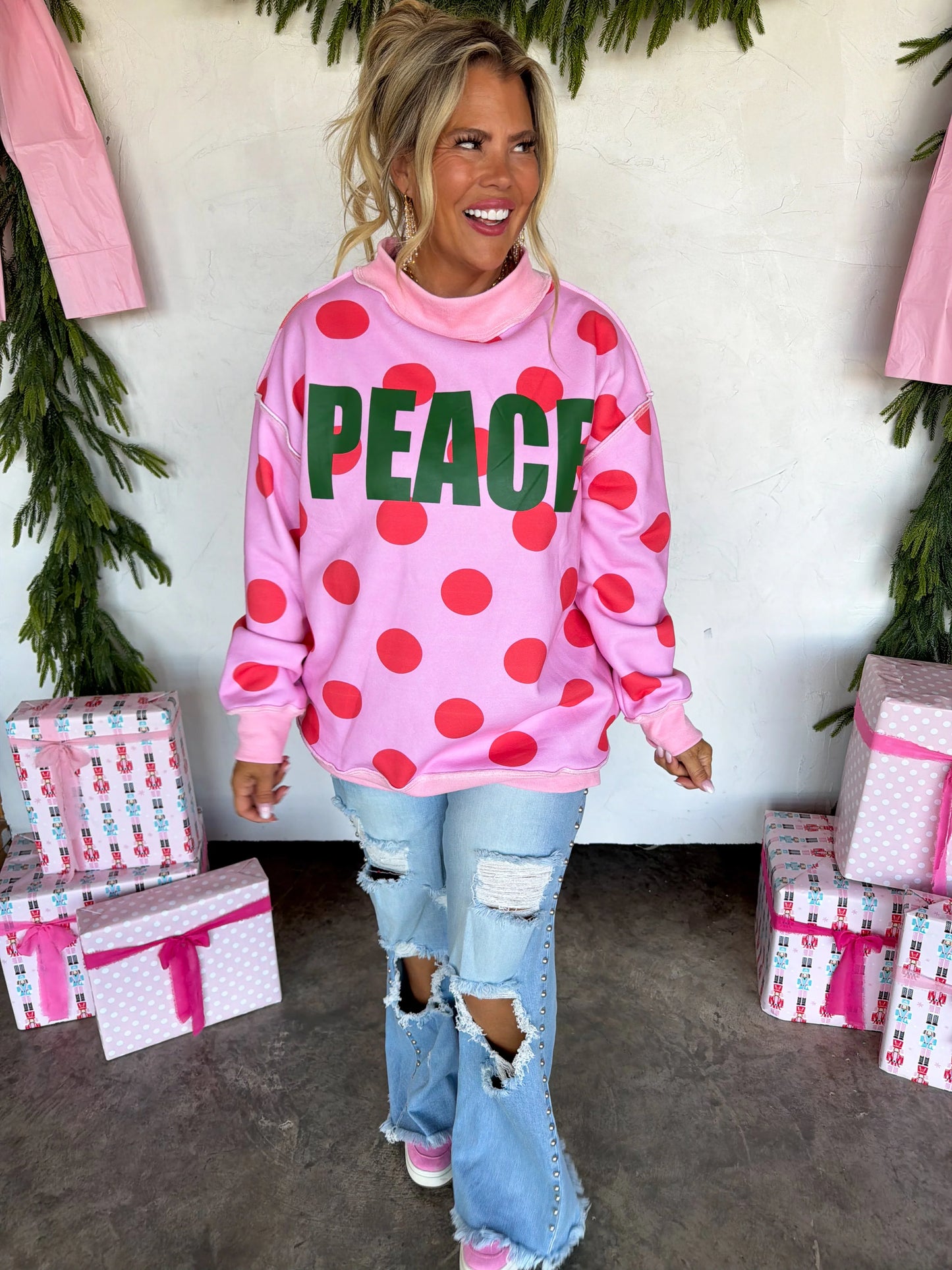 PREORDER Peace & Polka Dot Mock Neck Pullover