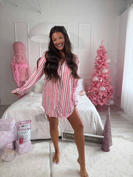 PREORDER Birdie Long Sleeve Sleep Dress in Sugar Plum Stripe