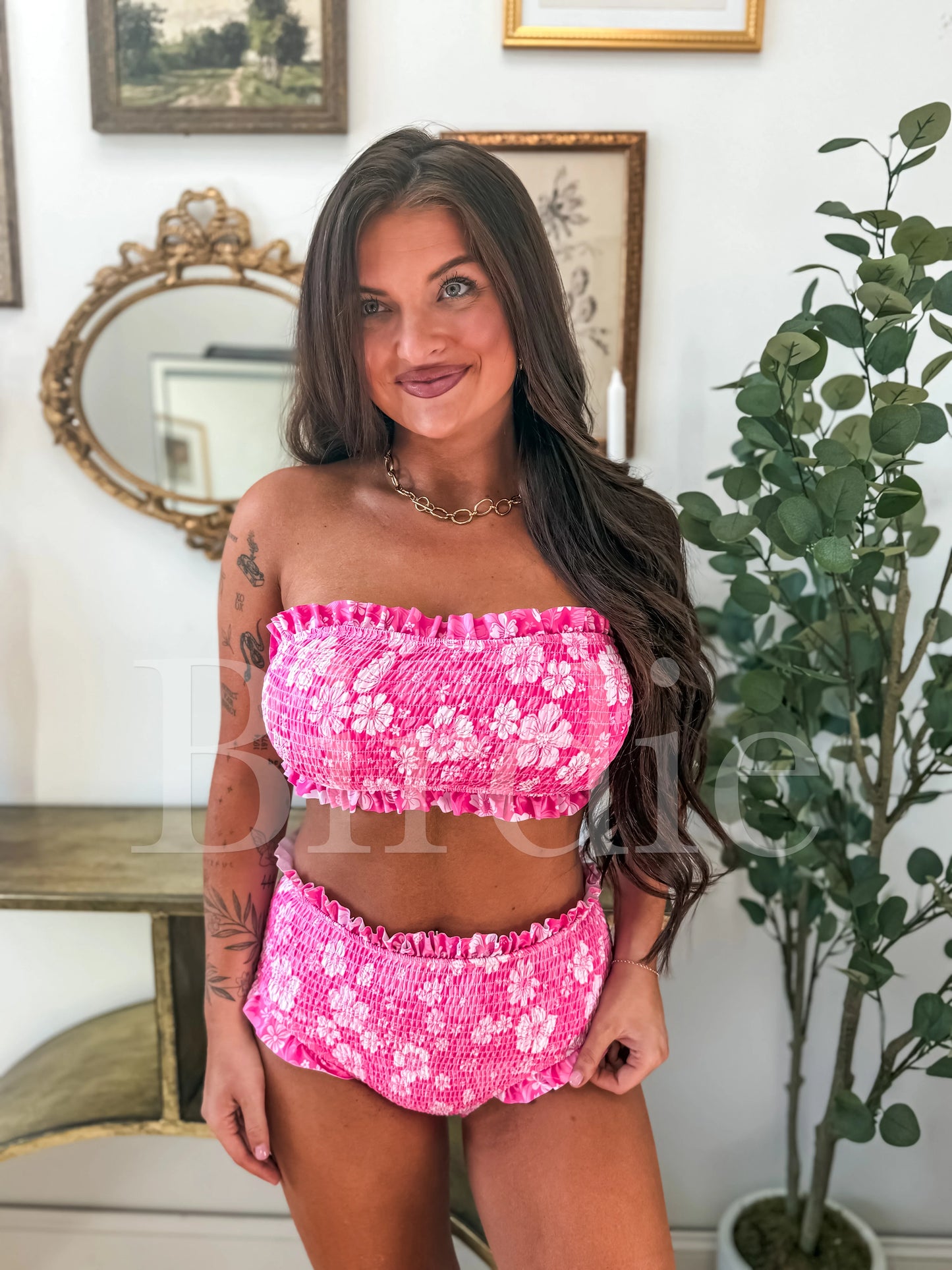 Birdie Ruffle Bandeau Two Piece Swimsuit in Island Petal Pink (Sold as Set)