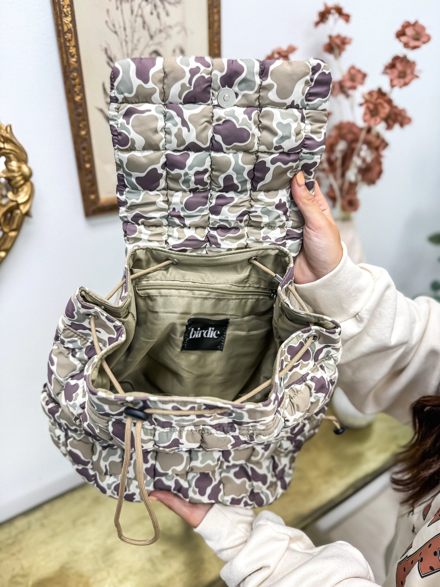 Birdie Quilted Backpack in Duck Camo