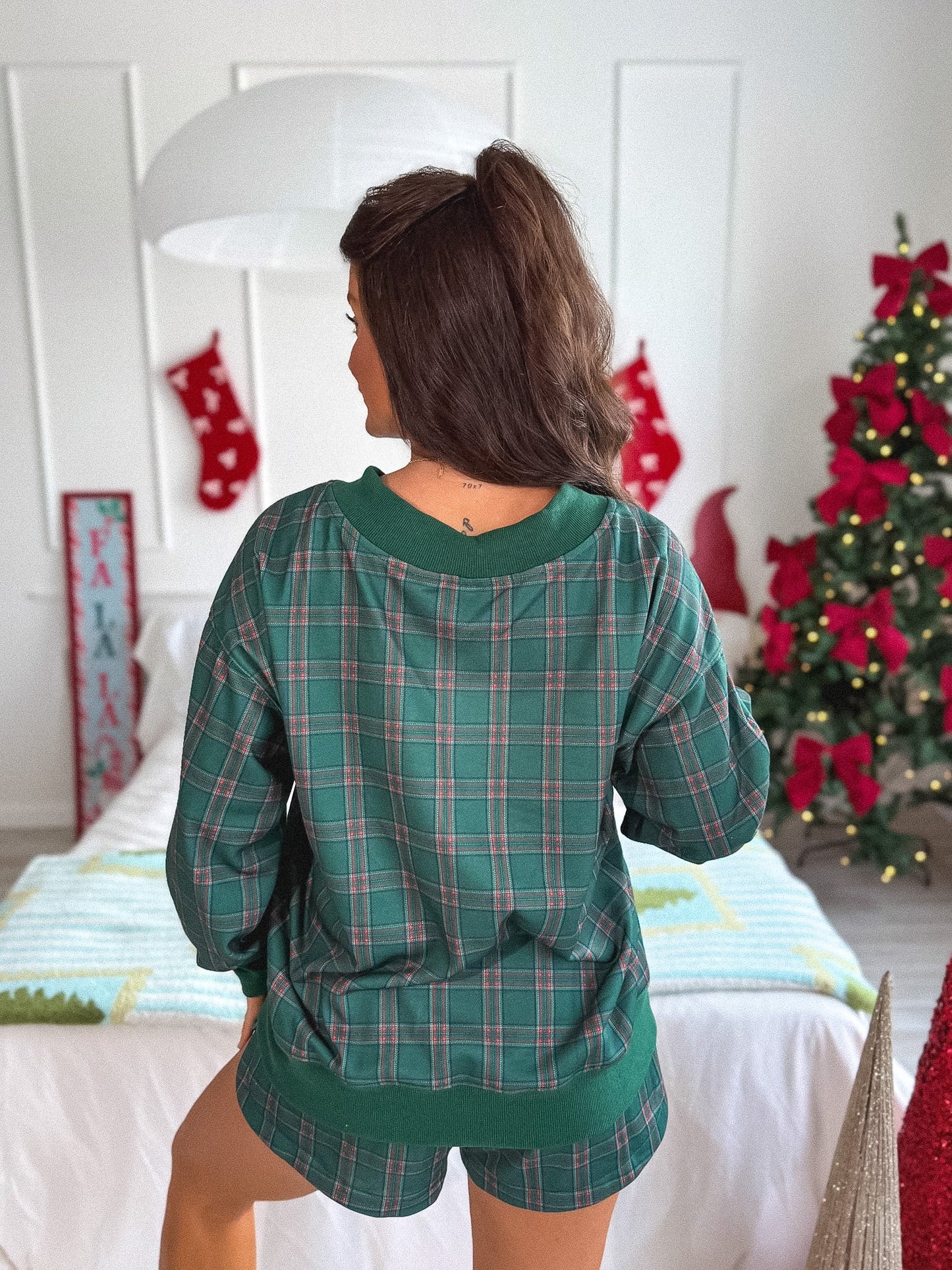 PREORDER Birdie V Neck Jolly Oversized Sweatshirt in Pinecrest Plaid