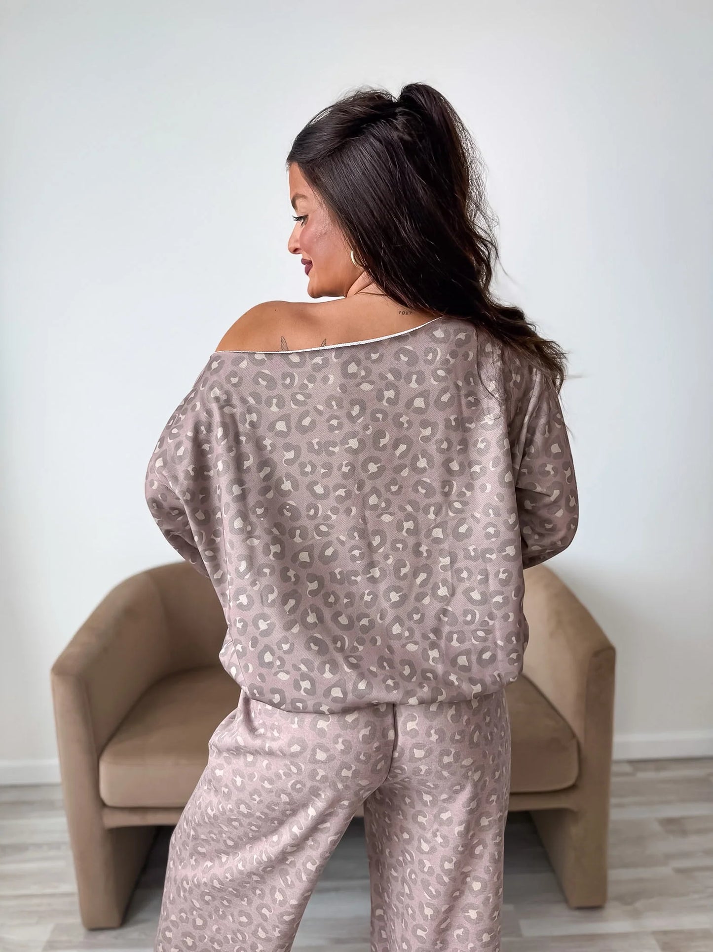 PREORDER Birdie Off Shoulder Slouchy Pullover in Toasted Toffee Leopard