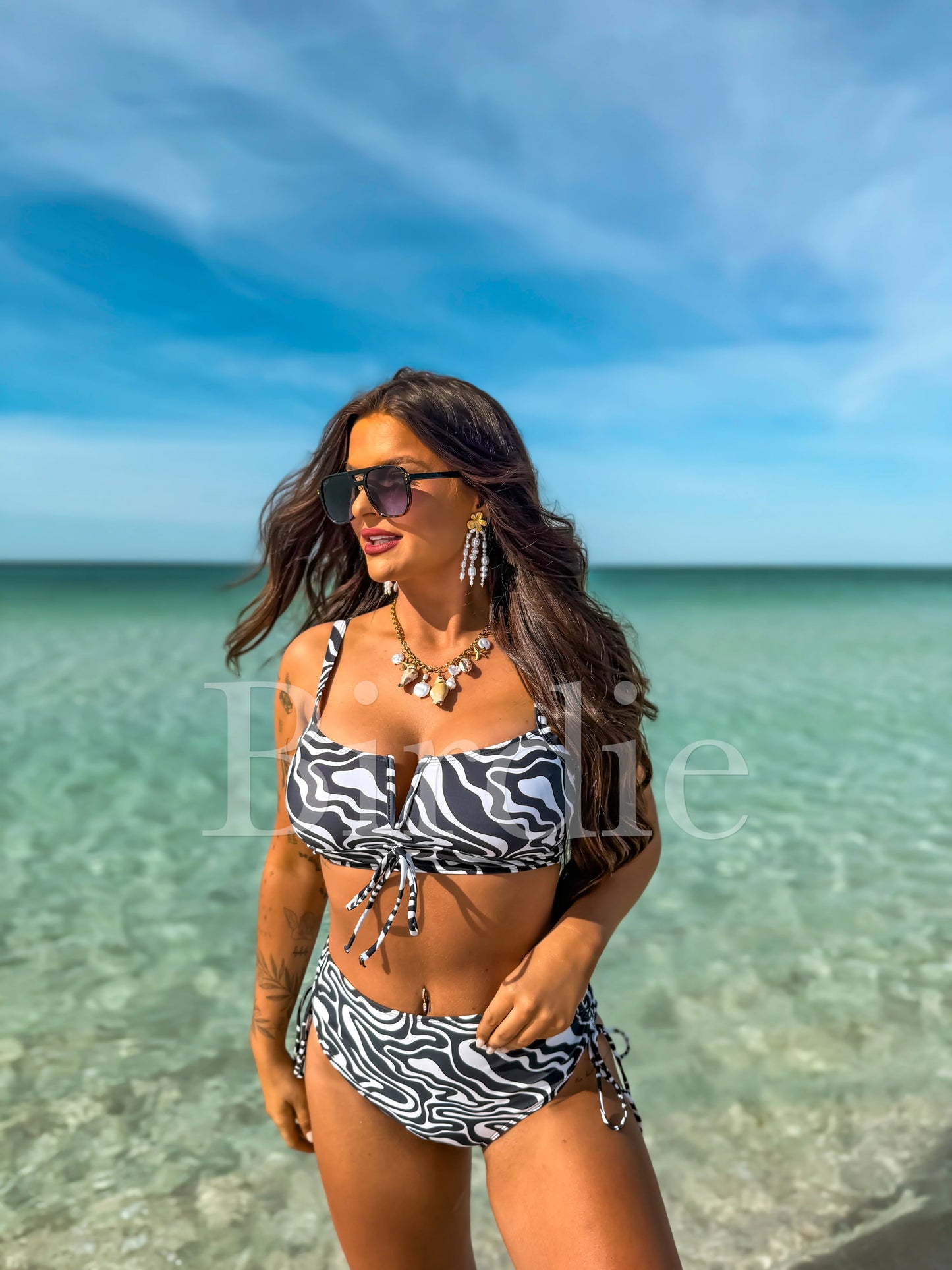 Birdie Luna Tie Two Piece Swimsuit in Obsidian Waves (Sold as Set)