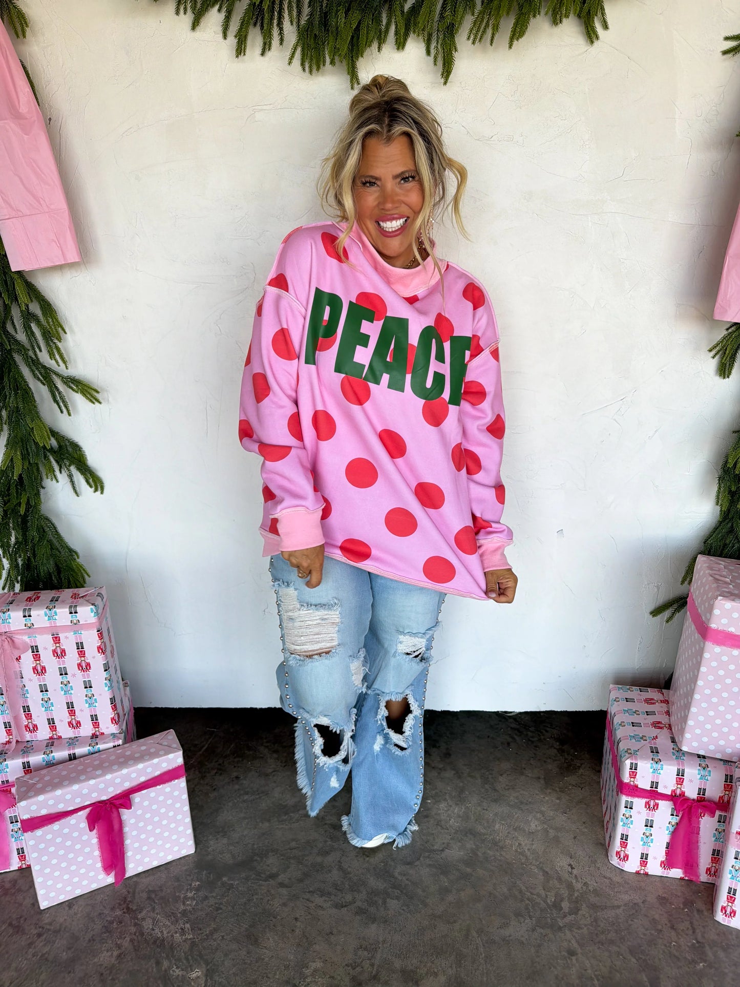 PREORDER Peace & Polka Dot Mock Neck Pullover