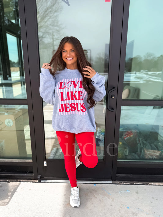 Striped Love Like Jesus Graphic Crewneck on Sport Grey