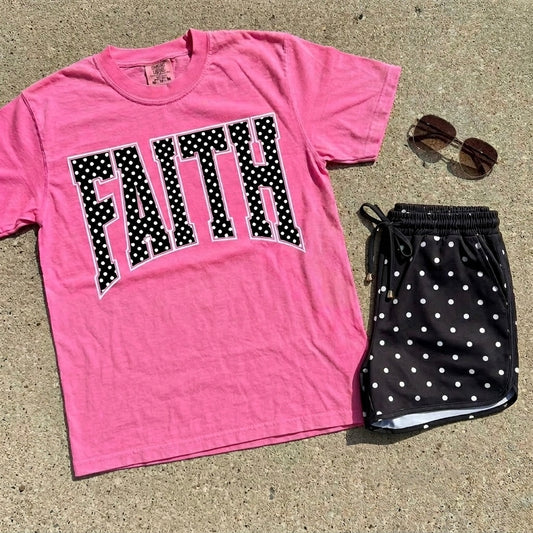 Faith Polka Dot Graphic Tee on Neon Pink