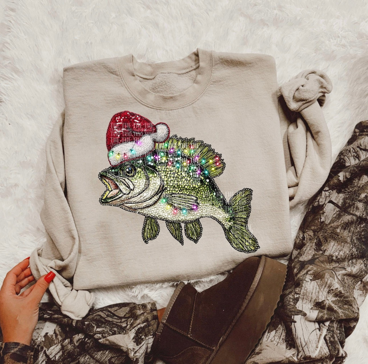 Faux Rhinestone Christmas Bass Fishing Crew/ Tee