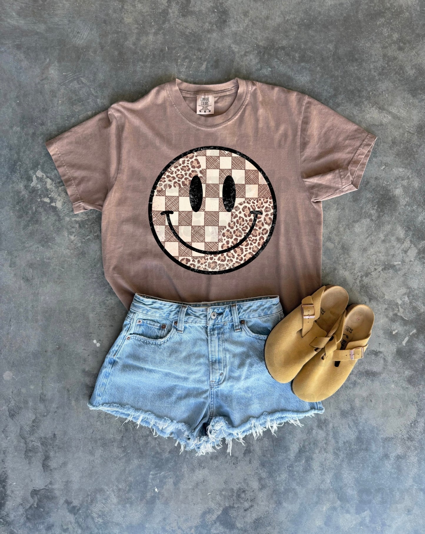 Checker & Leopard Patchwork Smiley Tee/ Crew