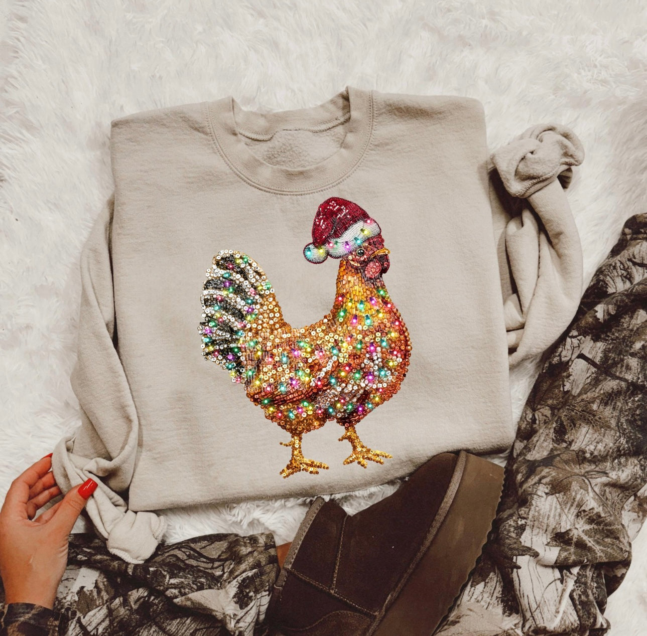 Faux Rhinestone Christmas Chicken Rooster Crew/ Tee