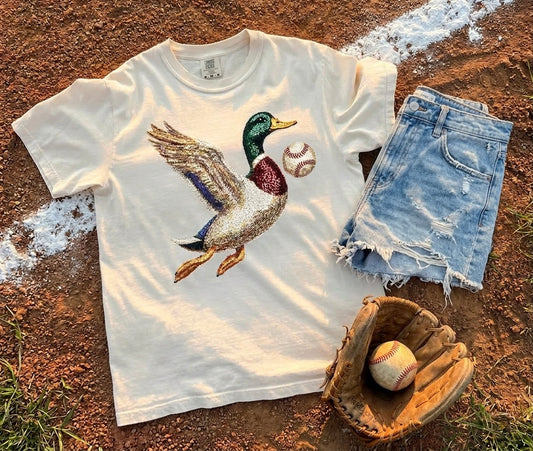 Faux Rhinestone Mallard Baseball Graphic Tee on Ivory