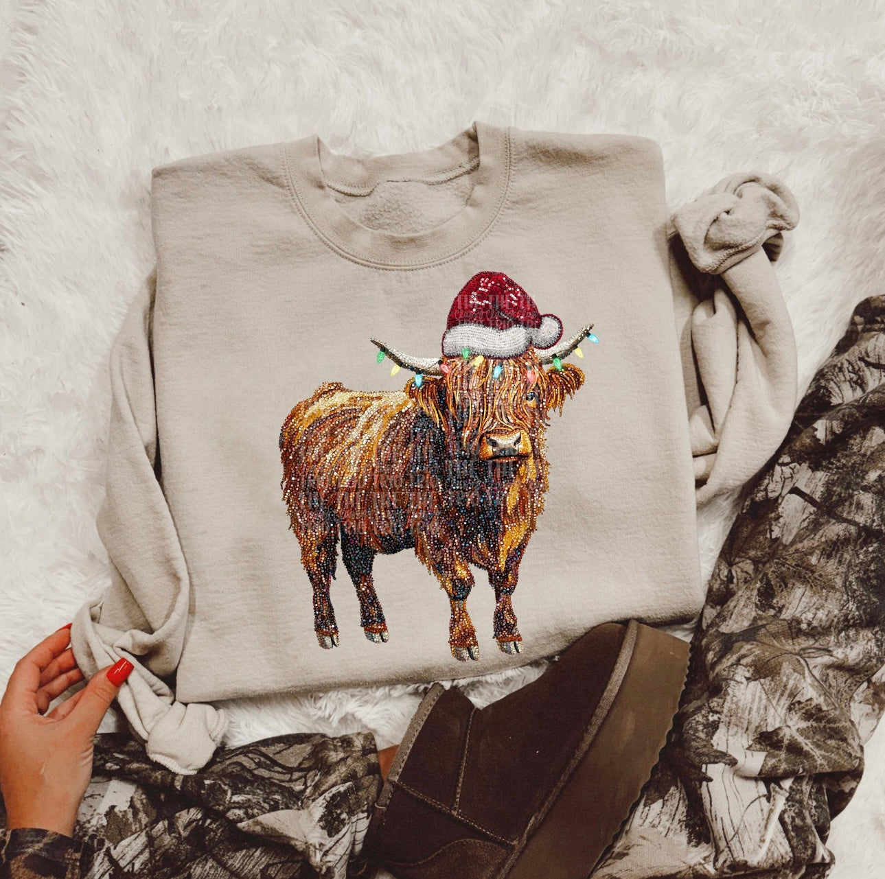 Faux Rhinestone Christmas Highland Cow Crew/ Tee