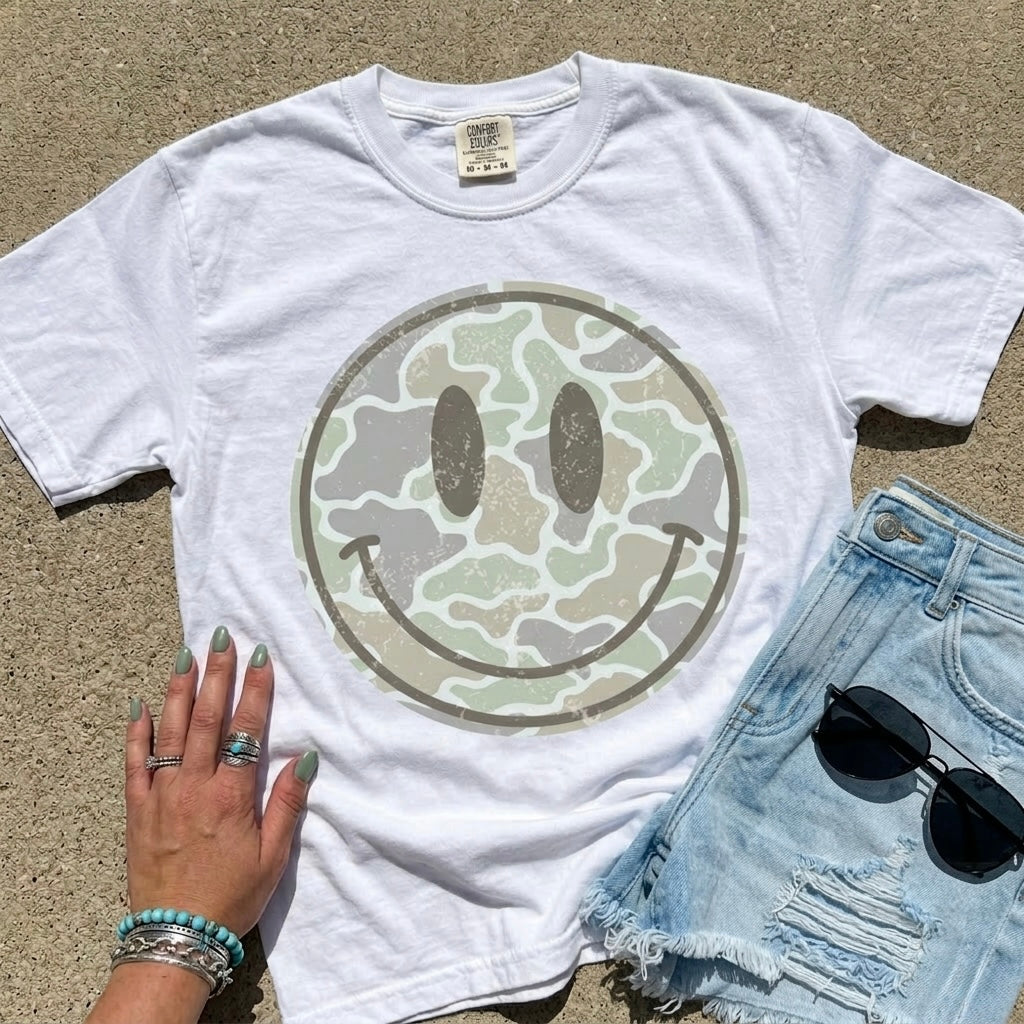 Duck Camo Smiley Graphic Tee on White
