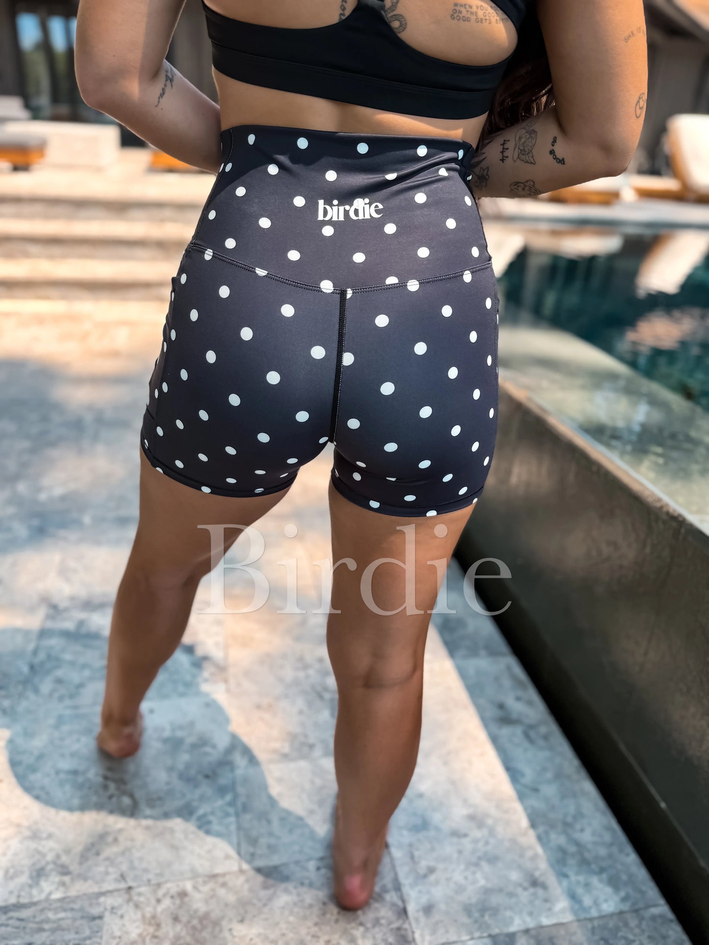 Birdie Crossover Biker Shorts in Black with White Polka Dots