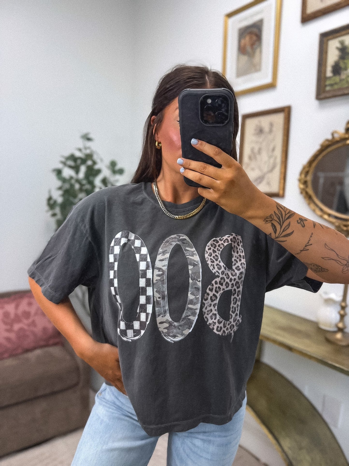 Boo Leopard Camo Checker Boxy Graphic Tee on Pepper *final sale*