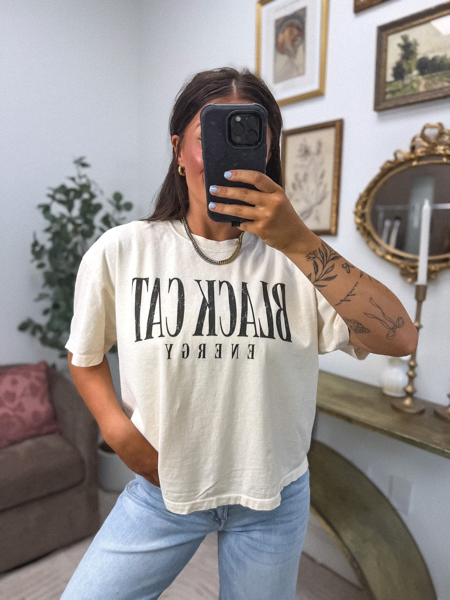 Black Cat Energy Boxy Graphic Tee on Ivory *final sale*