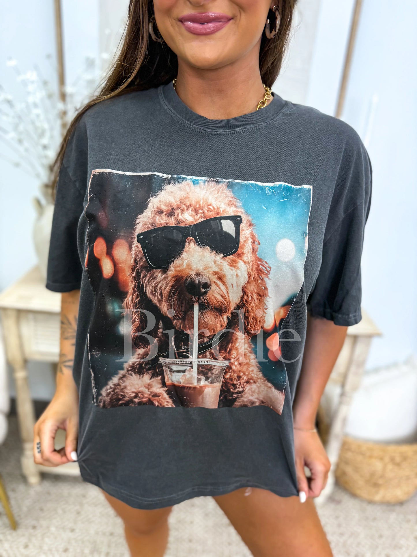 Iced Coffee Golden Doodle Graphic Tee on Pepper